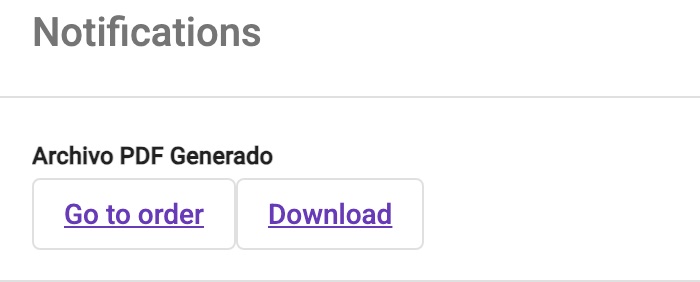 Alert: PDF file generated, with buttons to go to the order and download