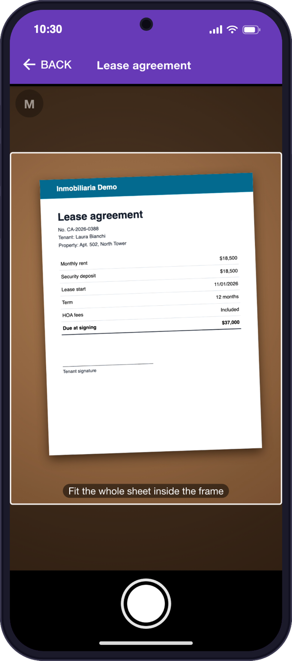 Guided camera framing the lease agreement