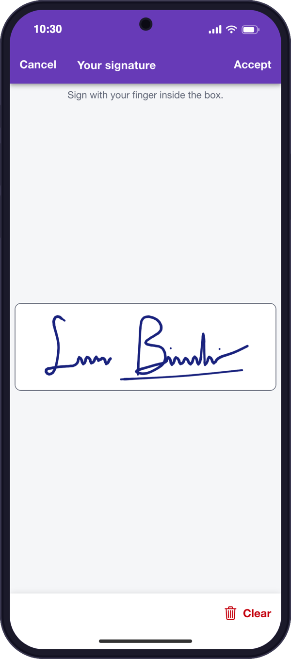Signing screen on the customer's phone