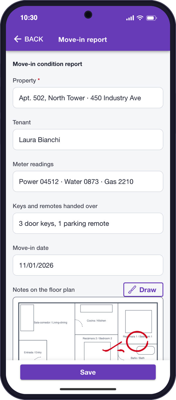 Move-in report with notes marked on the floor plan