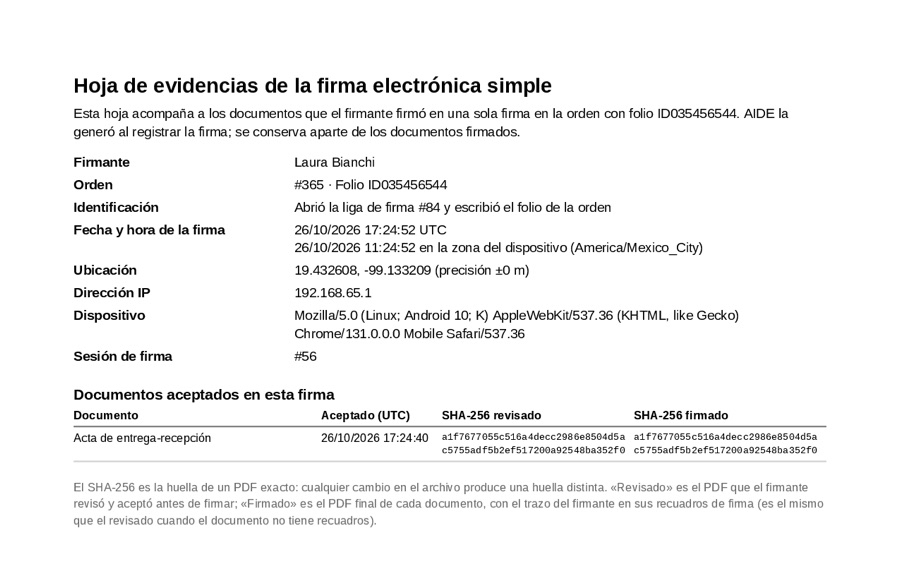 Hoja de evidencias de una firma electrónica simple