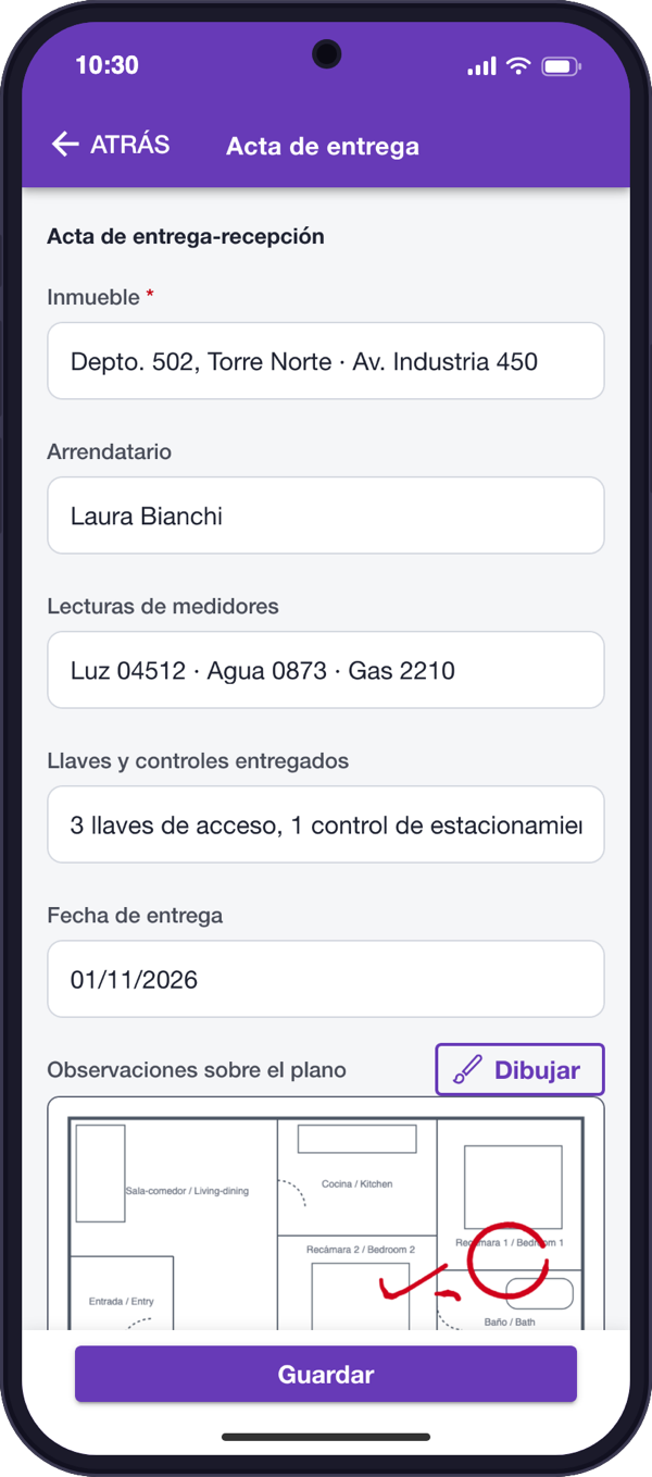 Acta de entrega con observaciones marcadas sobre el plano