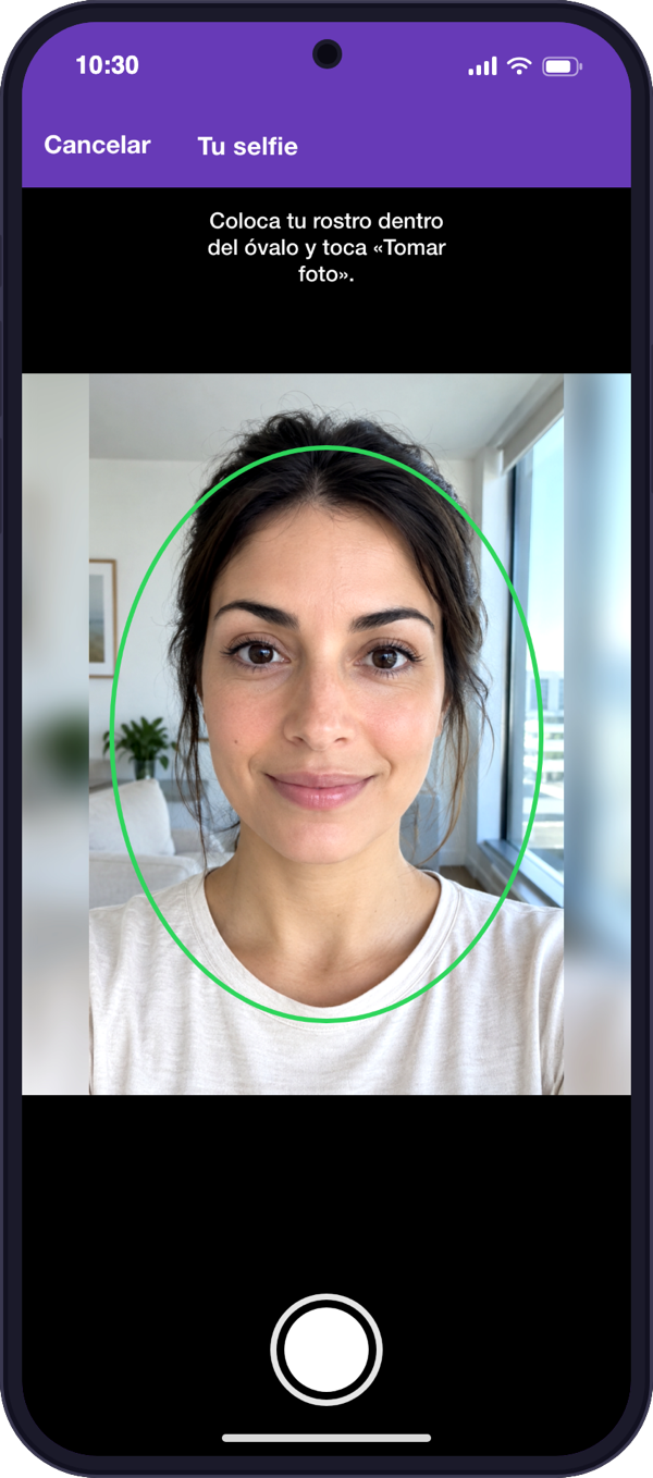 Pantalla de selfie, opcional y configurable por servicio